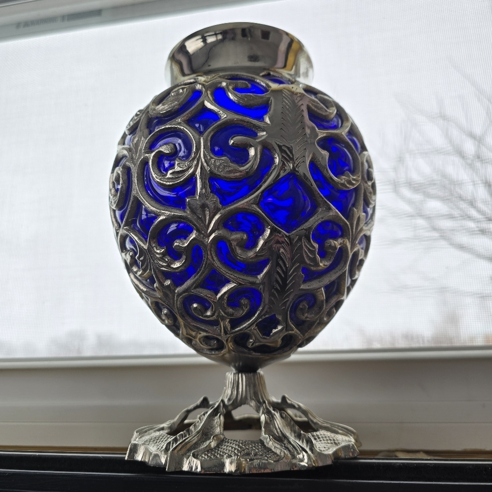 Antique Ornate Colbalt Blue and Silver Decorative Vase